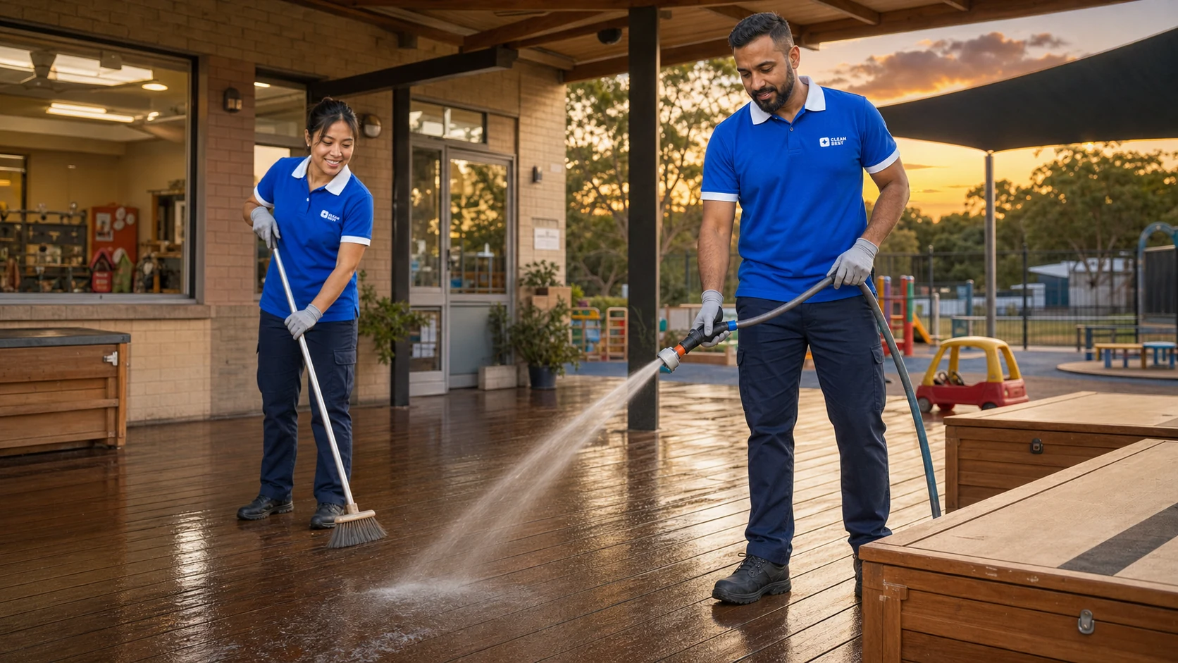 Clean Best cleaner sanitising a play mat in an early learning centre near Yennora NSW