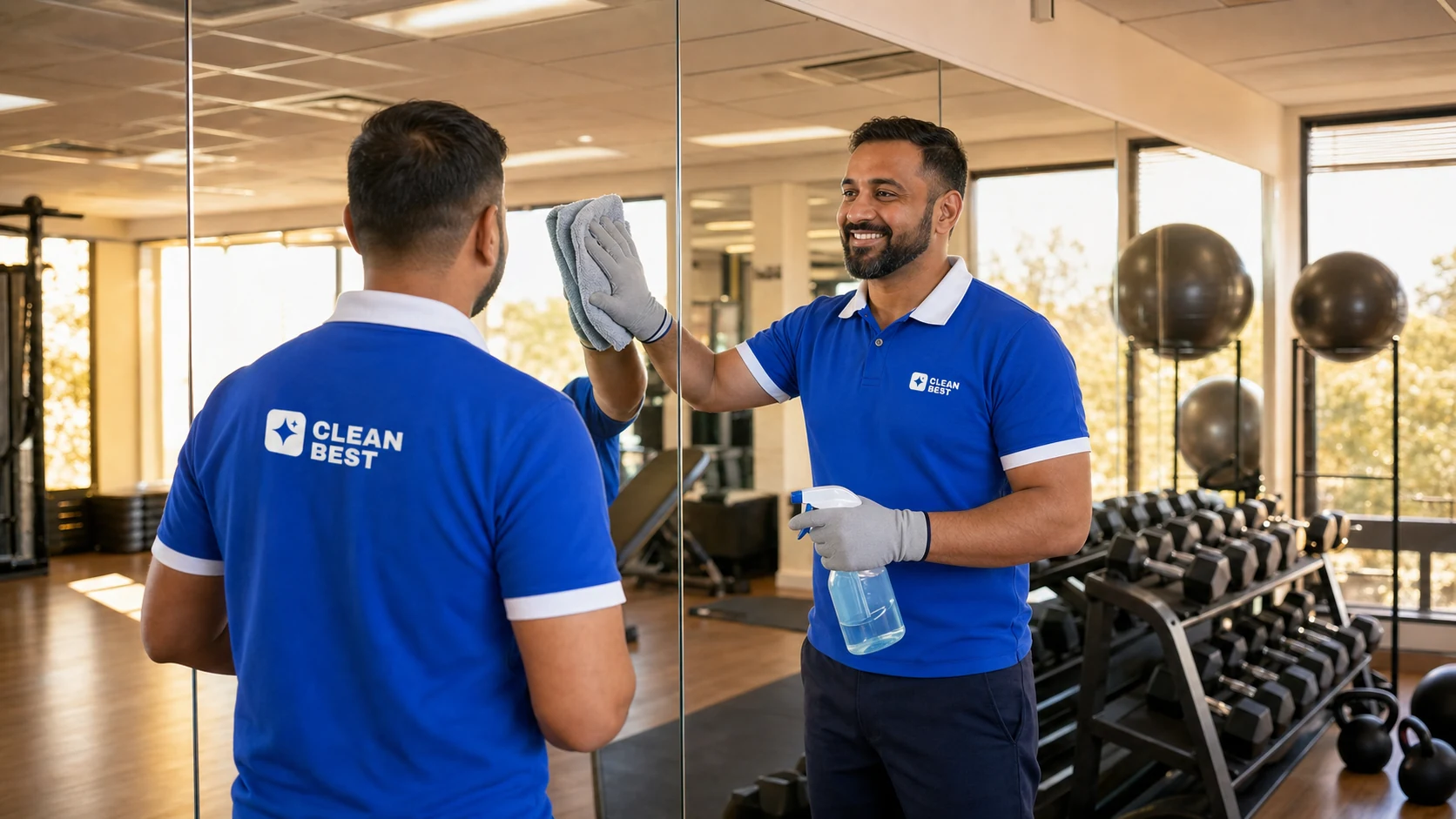 Clean Best cleaner wiping down gym equipment in a warehouse gym in Yennora NSW