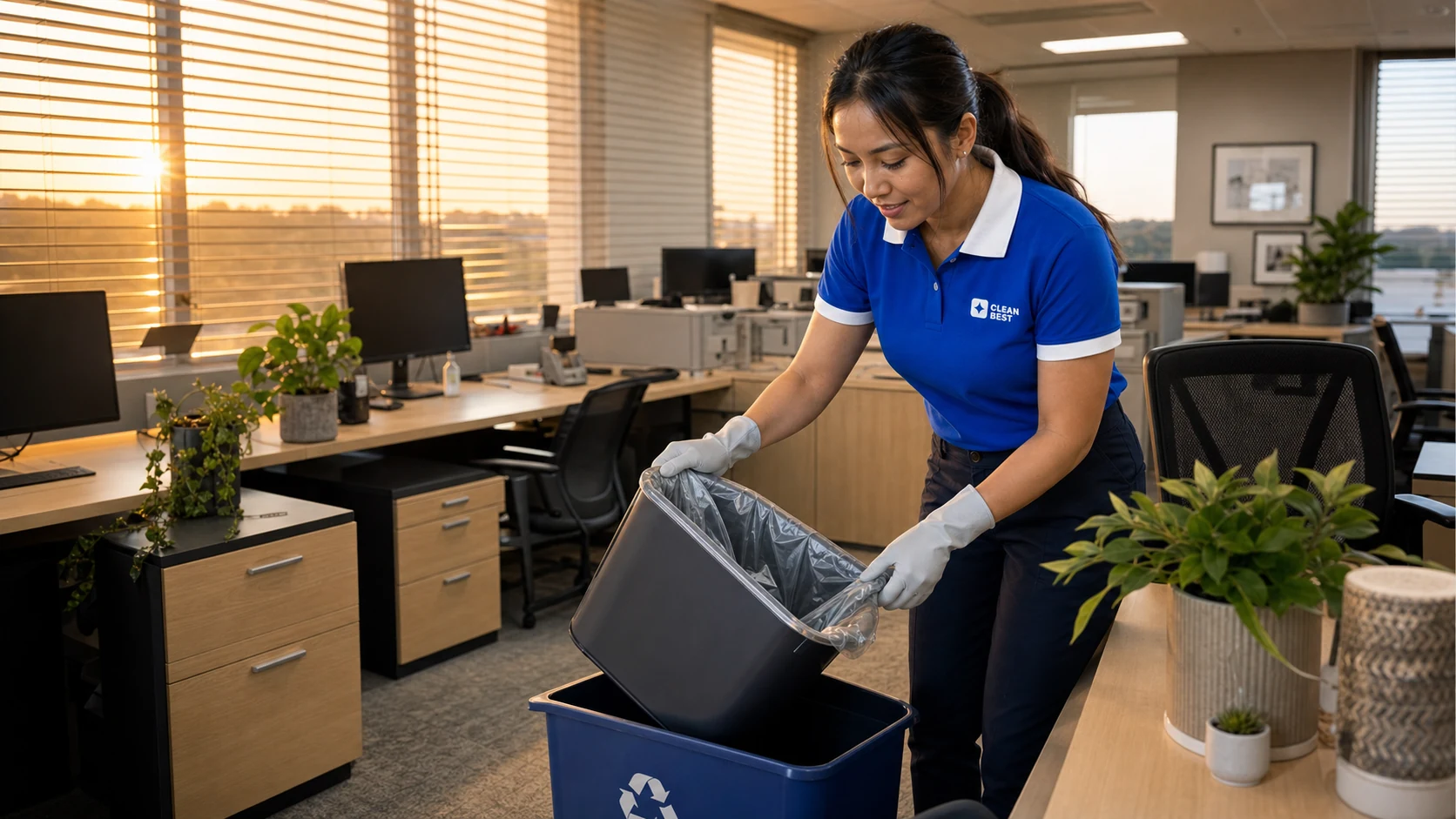 Clean Best cleaner wiping desks in a warehouse mezzanine office in Yennora NSW